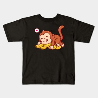 Cute Monkey Laying On Banana Cartoon Kids T-Shirt